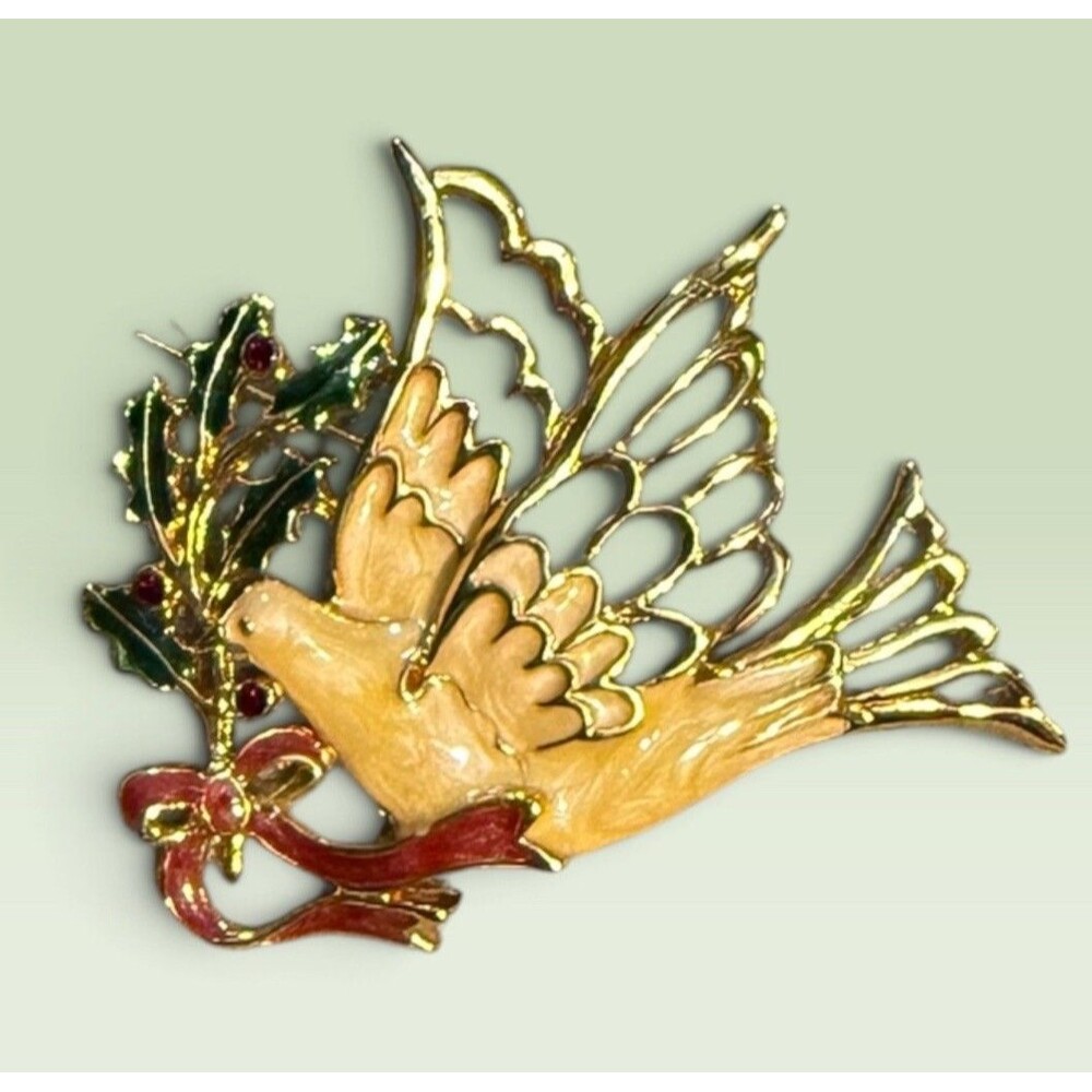 High Quality New Enamel Crystal Dove Christmas Pin PEACE LOVE OLIVE HOLLY Brooch